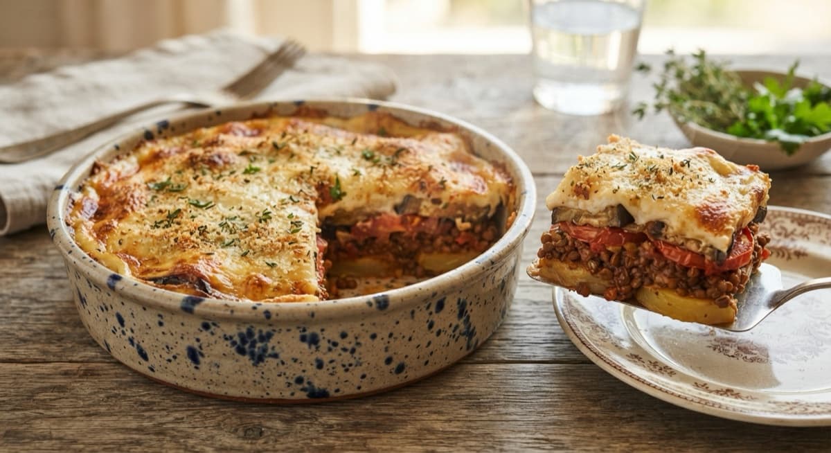 Layered Lentil and Aubergine Moussaka