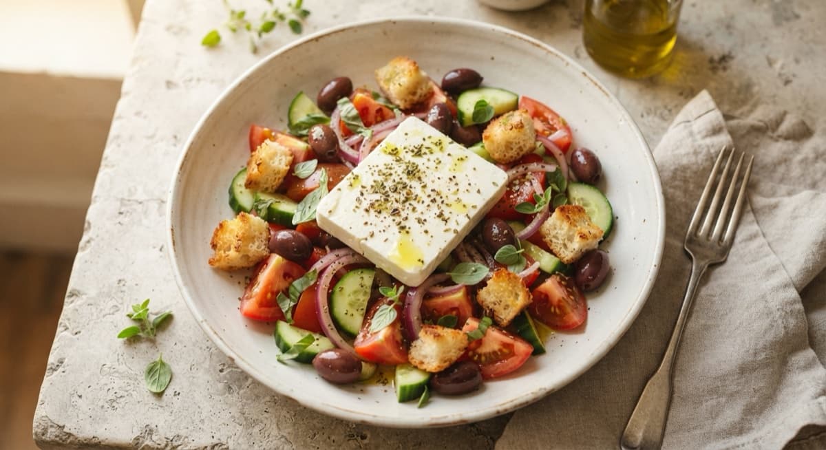 Greek Salad with Garlicky Ciabatta Croutons