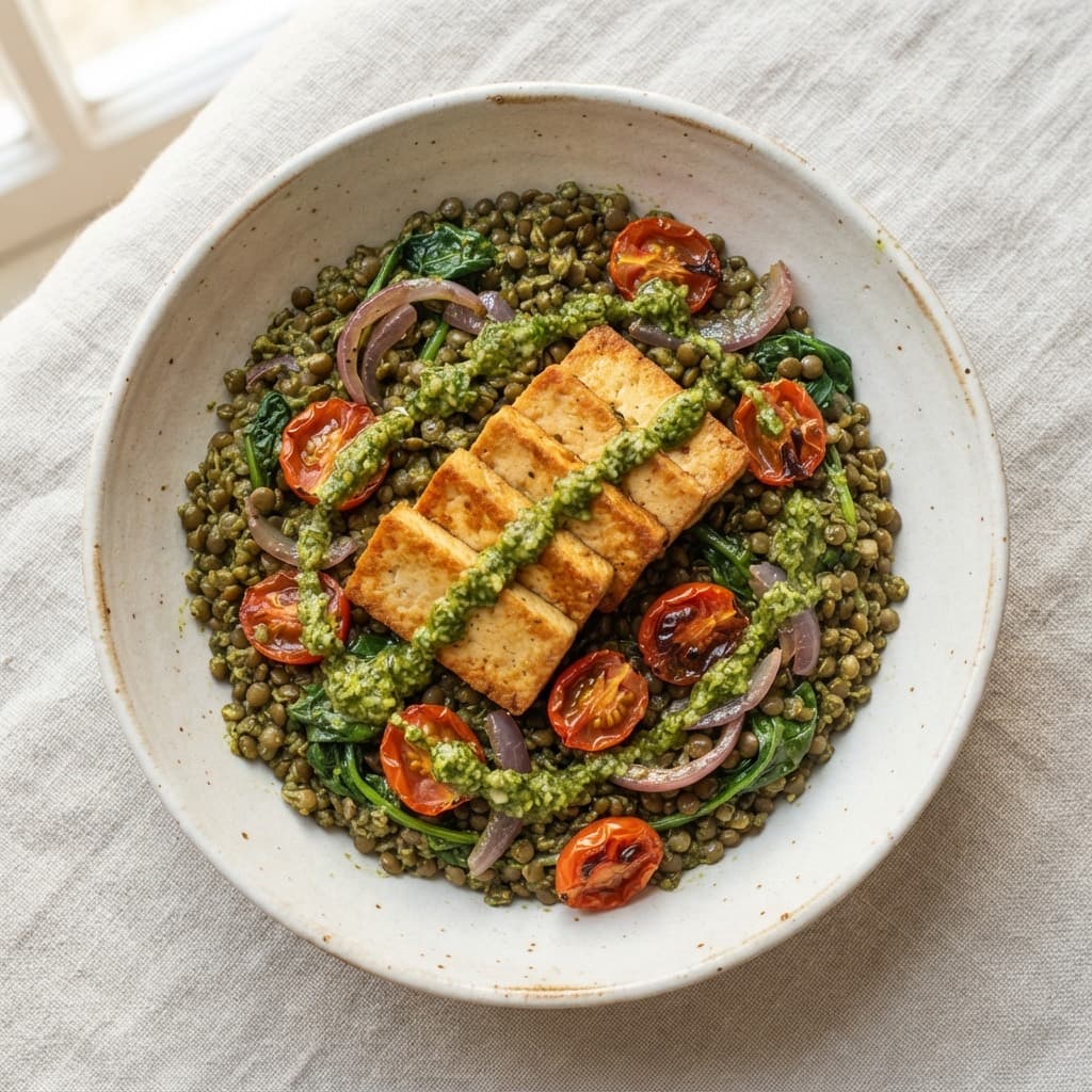 Tofu mit gerösteten Tomaten & Pesto-Linsen