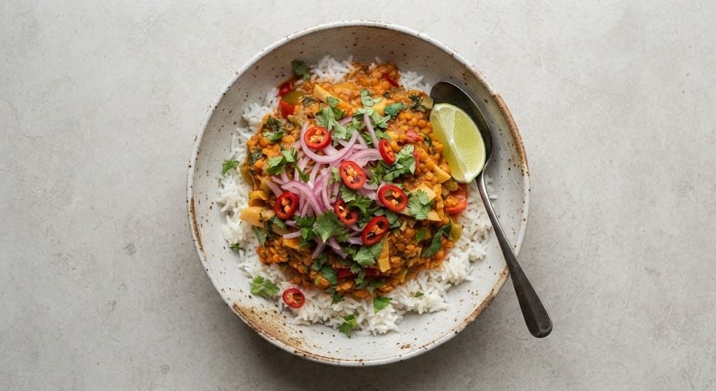 Thai Red Curry Lentils with Lime-Pickled Onion and Rice