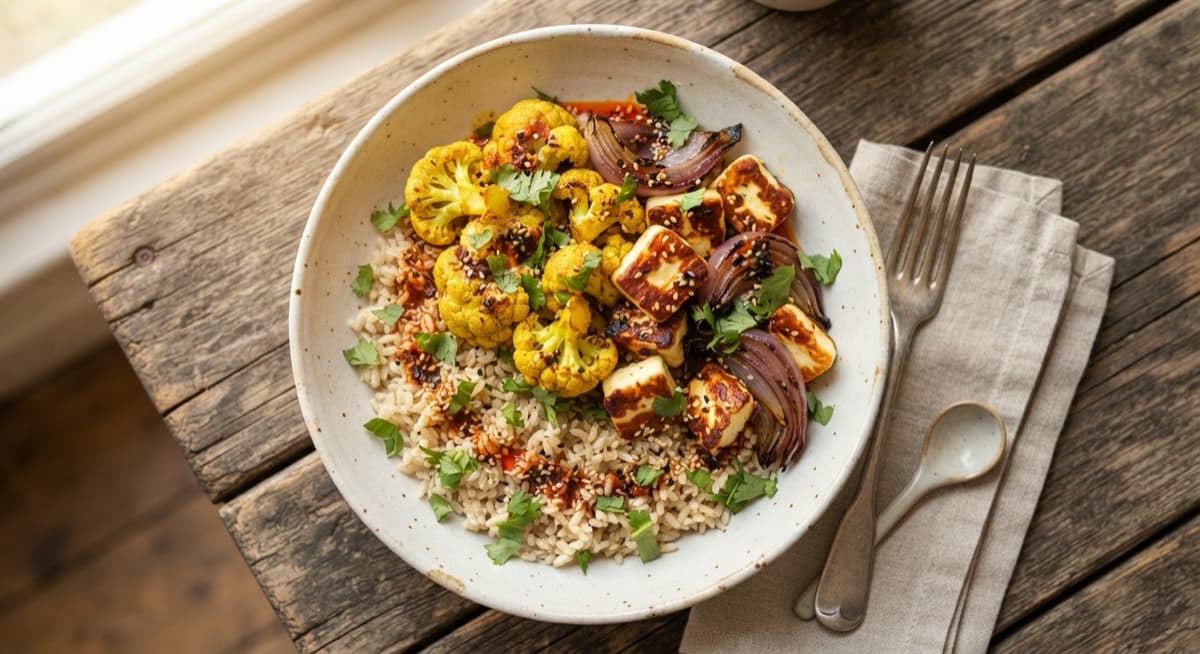 Turmeric Cauliflower and Halloumi Rice Bowls