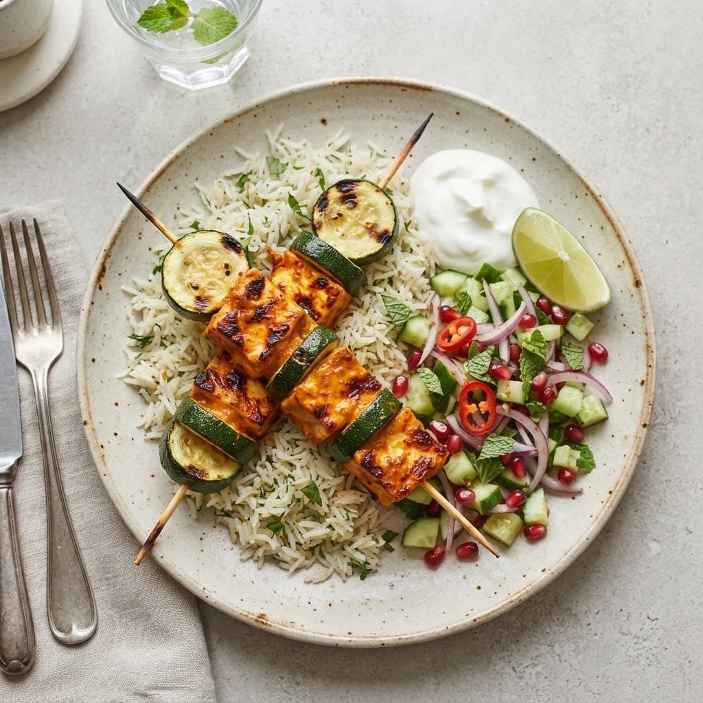 Air Fryer Tikka Halloumi Skewers with Pomegranate Salad