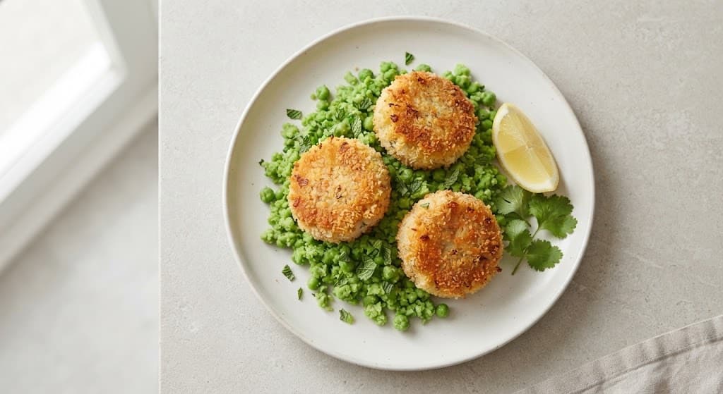 Sweet Potato and White Fish Cakes with Crushed Peas