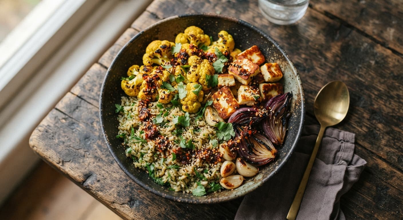 Turmeric Roasted Cauliflower and Halloumi Rice Bowls