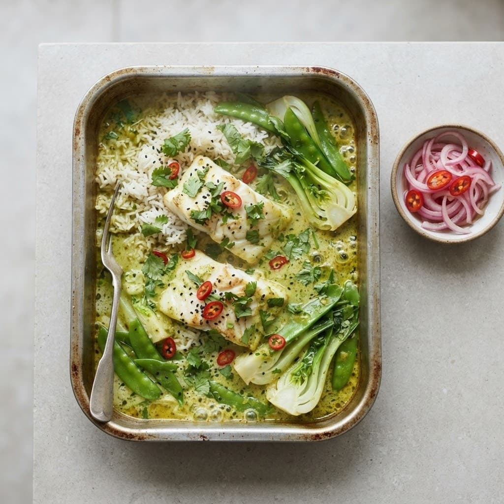 One-Tin Thai Green Cod with Coconut Rice and Greens